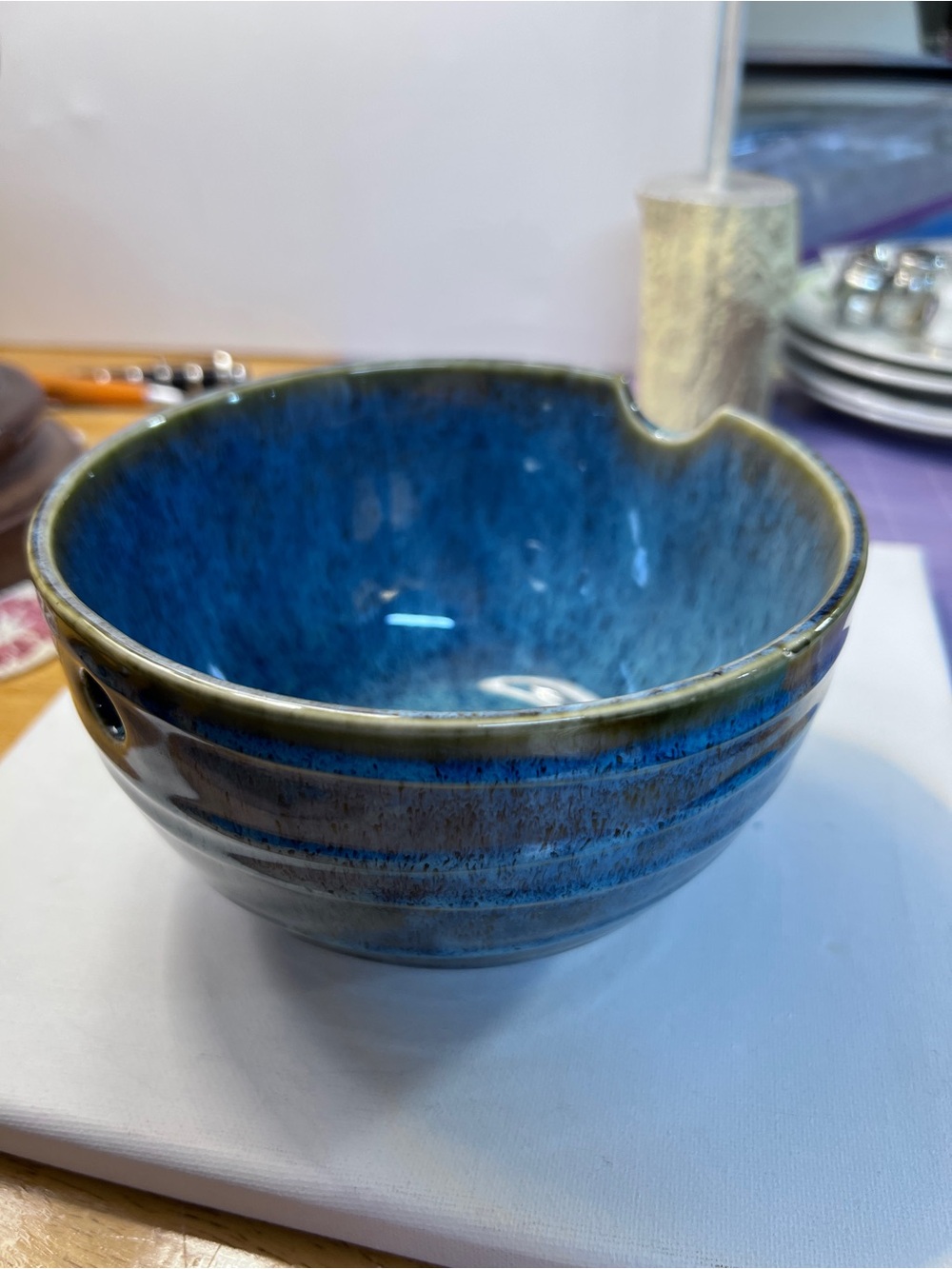 Deep Blue Glazed Ceramic Yarn Bowl with Yarn Notch